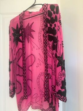 Hot Pink Sheer Beaded Kimono with Black Embellishment